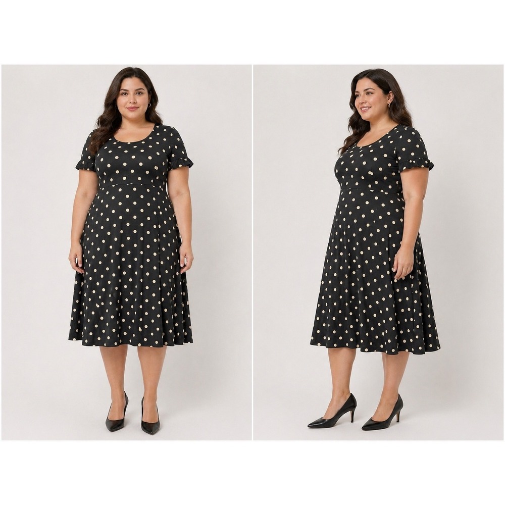 Old Navy Black Polka Dot Fit and Flare Midi Dress XL Short‎ Sleeve Ruffle Scoop